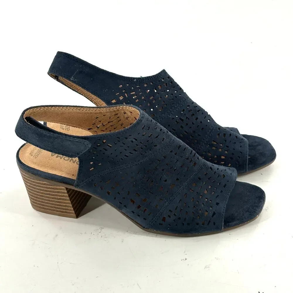 Sonoma Suede Slingback Heels 8 Navy Blue Lasercut Western Boho Festival